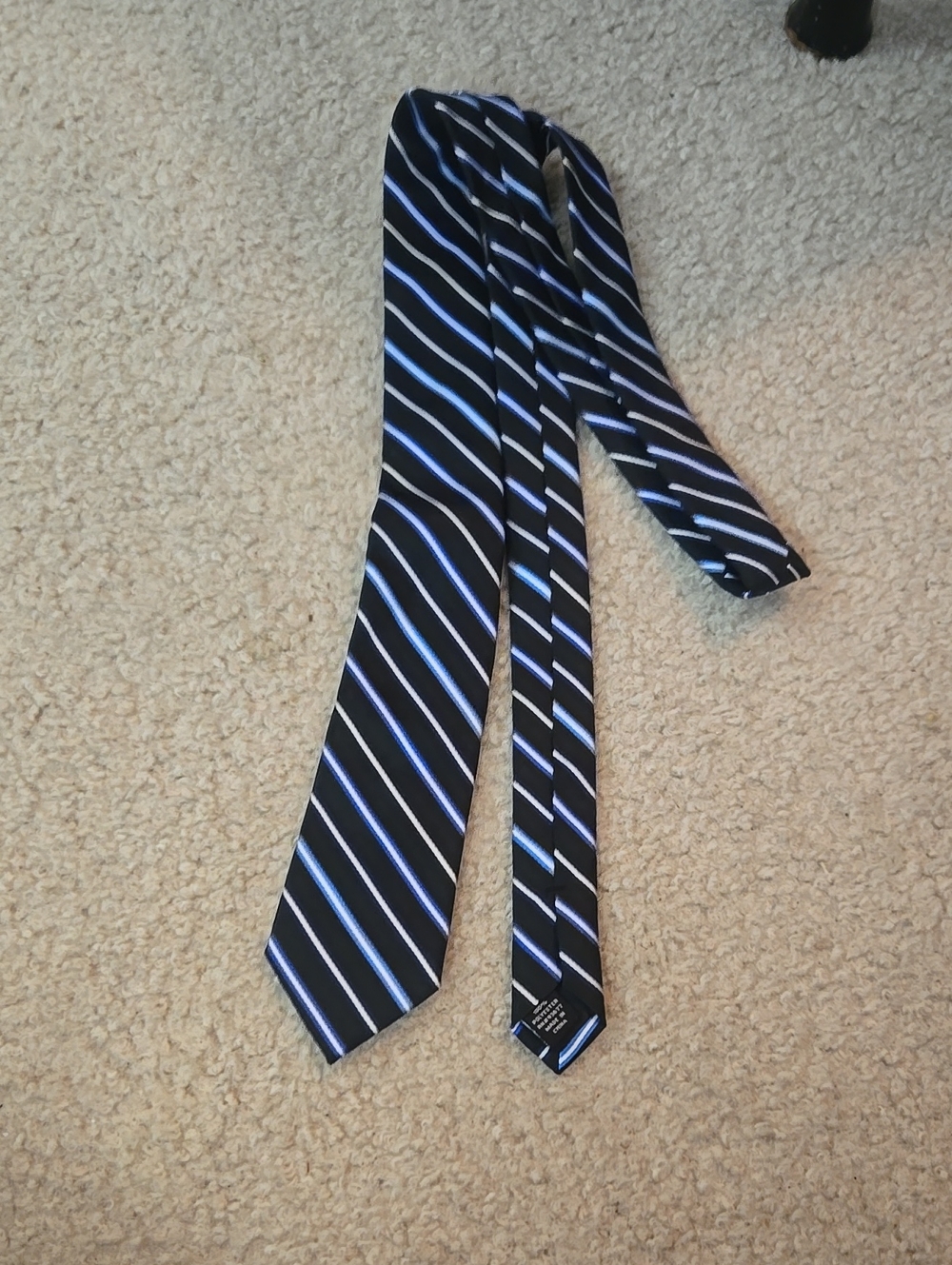jf j.ferrar Black Tie with Blue and White Diagonal Stripes